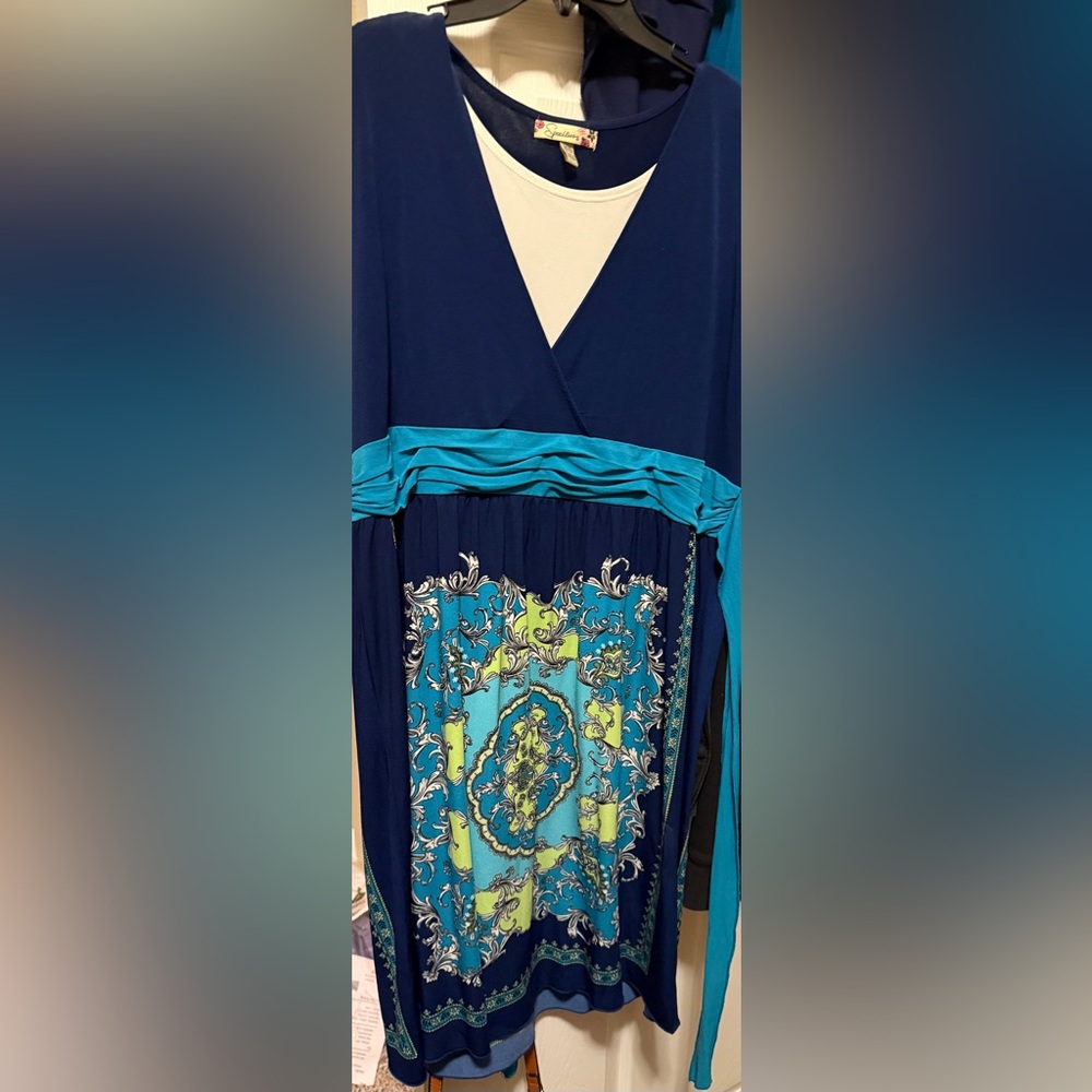 Elegant Blue and Teal Dress with Intricate Patterns